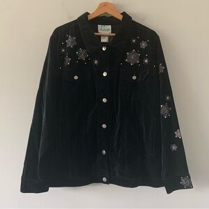 Quacker Factory Holiday Christmas Snowman Grandma Suede Jacket Sz Large Black